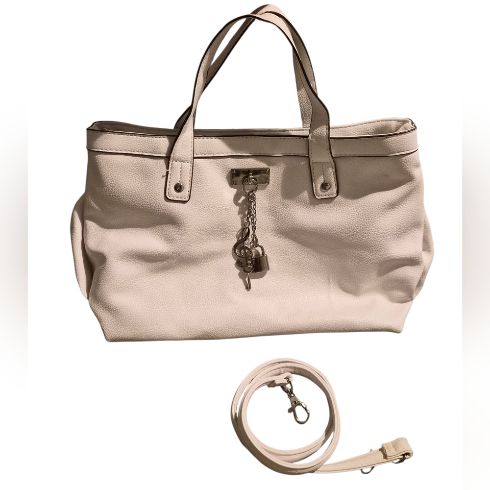 Carlos by Carlos Santana Cream Tote with Chain Charm and Crossbody Strap